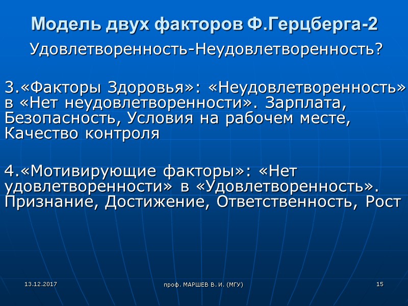 проф. МАРШЕВ В. И. (МГУ) Модель двух факторов Ф.Герцберга-2 Удовлетворенность-Неудовлетворенность?  3.«Факторы Здоровья»: «Неудовлетворенность»